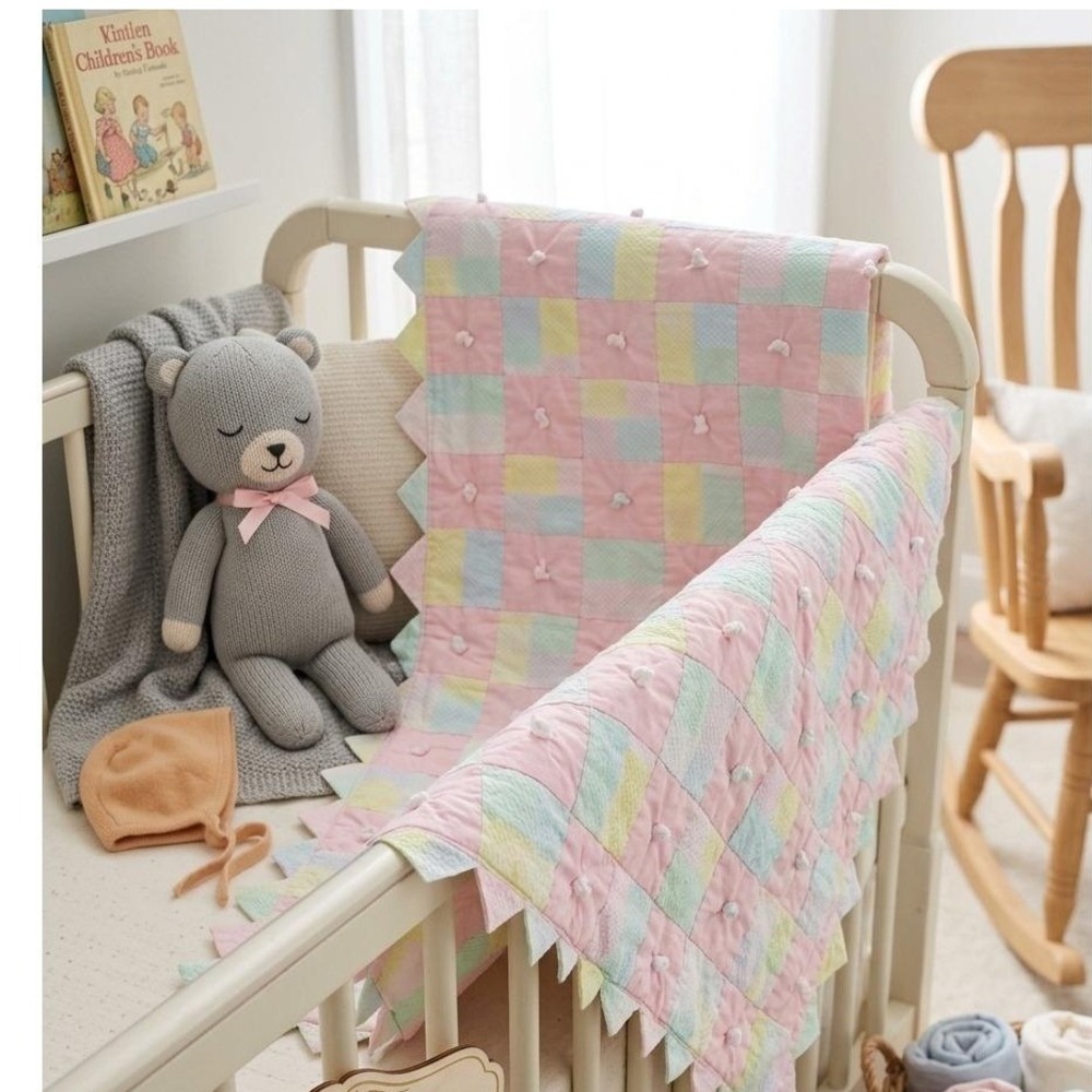 Vintage Pastel Patchwork Shabby Chic Quilt Sawtooth Edge Pink Blue 40x48